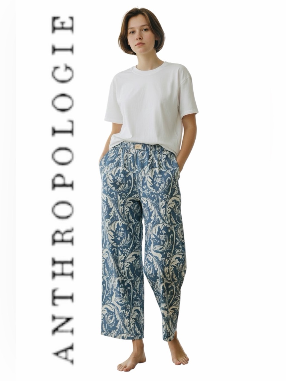 Lyrebird for Anthropologie 💙🤍 wide leg boxer pants pockets elastic waist deer